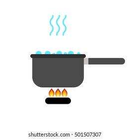 Vector isolated image of pot of boiling water on white background in flat style. Icon utensils. Cooking on stove with water and steam. Kitchen utensils for cooking. Icon pans. Symbol in modern style