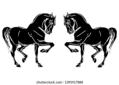vector isolated image of prancing drawn heavy horses on white background