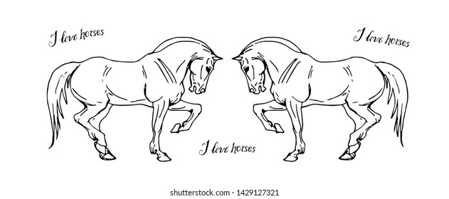 vector isolated image of prancing drawn heavy horses on white background and the inscription, lettering