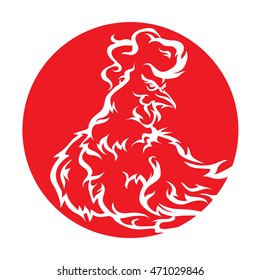 Vector isolated image of silhouette of a rooster in a fiery red circle. Chinese Zodiac Calendar 2017
