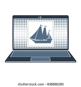 Vector isolated image of the symbol of the ship's boats on the laptop screen