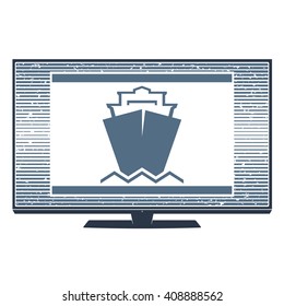 Vector isolated image of the symbol of the ship's boats on the TV monitor.  
Ship boats TV. Ship boats TV. Ship boats TV.