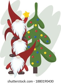 vector isolated image of three gnomes in red clothes and caps who are standing on top of each other and trying to put a yellow star on top of a large green christmas tree decorated with colorful balls