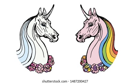 vector isolated image. two unicorn heads on white and colored background vector isolated image. two unicorn heads on white and colored background with rainbow mane and wreath on neck
