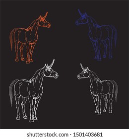 vector isolated image of unicorns on a black background, colour, contours 