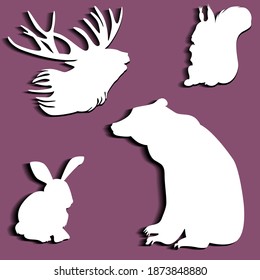 Vektorgrafik einzeln auf violettem Hintergrund.elk, Bär, Eichhörnchen, Hare.wilde Tiere, Clipkunst, Zeichensymbol, Symbol, Logo, Druck, Aufkleber.3d design.shadow
