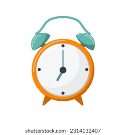 Imagen aislada del vector de un reloj despertador amarillo sobre un fondo blanco. Ilustración de material escolar y de oficina, diseño escolar, diseño de stickers, elementos web. Adecuado para afiches, pancartas.