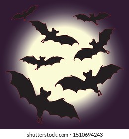  vector  isolated images of bats on dark background, moon background