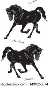  vector isolated images of black silhouettes of two running horses on white background and lettering