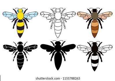 vector, isolated, insect, bee silhouette, set