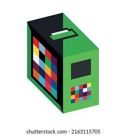 Vector isolated isometric blank black-green box icon with colored squares on white background.
