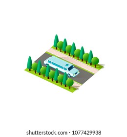 Vector isolated isometric icon front right view limousine, limo, luxury executive car, passenger transportation vehicle, urban city infrastructure element for business, holidays on white background