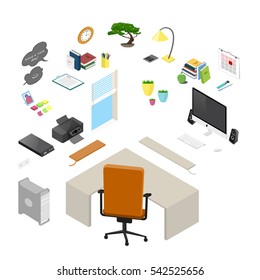 Vector isolated isometric office objects and furniture. Detailed 3D infographic in flat style. Bright clip art elements for your design.