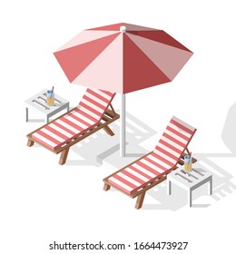 Vector aislado ilustración isométrica de verano de dos hamacas con paraguas, mesas y cócteles.