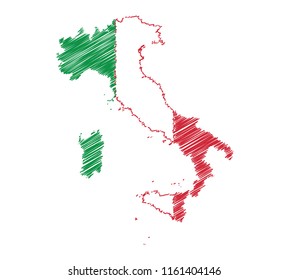 Vector of isolated Italy map with the flag. Engraving style hatching pen pencil painting illustration concept.