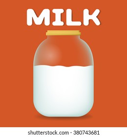 Vector isolated jar with cartoon milk. Cartoon cow milk in transparent jar.