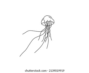 Vector isolated jellyfish dome with long tentacles colorless black and white contour line doodle drawing