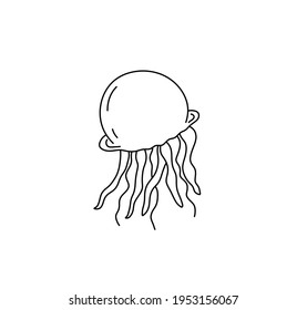 Vector isolated jellyfish medusa line drawing. Cute cartoon jellyfish outline contour sketch.