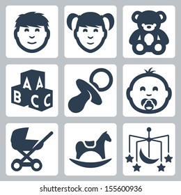 Vector isolated 'kids' icons set: boy, girl, teddy bear, bricks, baby's dummy, baby, baby carriage, rocking horse, crib mobile