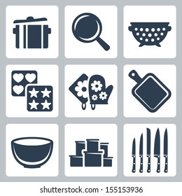 Vector isolated kitchenware icons set: pot, frying pan, colander, baking mould, potholder, cutting board, bowl, containers, knives