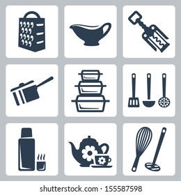 Vector isolated kitchenware icons set: grater, sauceboat, corkscrew, scoop, bakeware, spatula, ladle, skimmer, thermos, tea set, whisk, masher