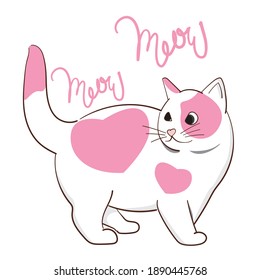 Vector isolated kitten with heart-shaped pattern on a white background, Drawn vector character cat design cute.