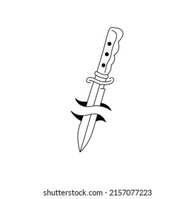 Vector Isolated Knife Dagger In The Wound Colorless Black And White Contour Line Drawing