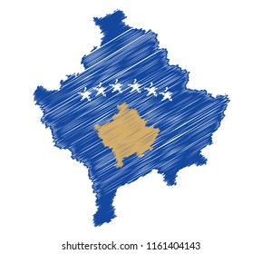 Vector of isolated Kosovo map with the flag. Engraving style hatching pen pencil painting illustration concept.