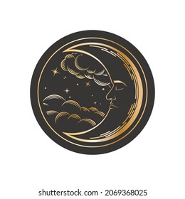 Vector isolated label with mystical crescent with a sleeping face, clouds and stars on a black background. Sticker with a golden moon in retro style. Dark boho round illustration stylized as engraving