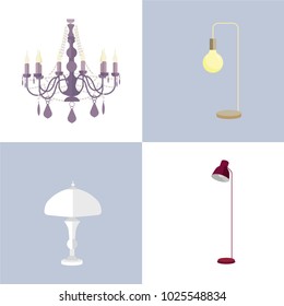 Vector Isolated Lamp on blue background.Furniture icons.Chandeliers, lamps, bulbs, luster, electrolier,illuminator.Elements of interior loft style.Modern interior.Floor lamps and table lamps.