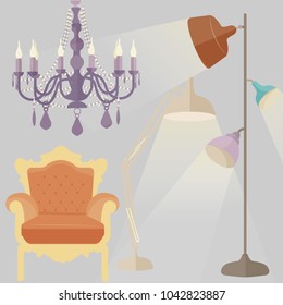 Vector Isolated Lamp on grey background.Furniture icons.Chandeliers, lamps, bulbs, luster, electrolier, illuminator. Elements of interior loft style. Modern interior. Floor lamps and vintage chair. 