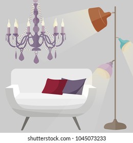 Vector Isolated Lamp on grey background.Furniture icons.Chandeliers, lamps, bulbs, luster, electrolier, illuminator. Elements of interior loft style. Modern interior. Floor lamps and vintage chair. 
