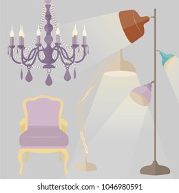 Vector Isolated Lamp on grey background.Furniture icons.Chandeliers, lamps, bulbs, luster, electrolier, illuminator. Elements of interior loft style. Modern interior. Floor lamps and vintage chair. 