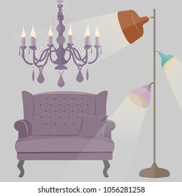 Vector Isolated Lamp on grey background.Furniture icons.Chandeliers, lamps, bulbs, luster, electrolier, illuminator. Elements of interior loft style. Modern interior. Floor lamps and vintage sofa. 