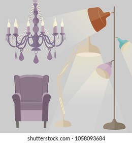 Vector Isolated Lamp on grey background.Furniture icons.Chandeliers, lamps, bulbs, luster, electrolier, illuminator. Elements of interior loft style. Modern interior. Floor lamps and vintage chair. 