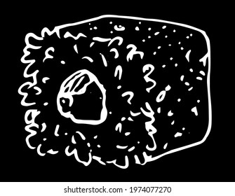 Vector isolated land contour. Hand-drawn Japanese sushi roll sketch style, square shape with rice and filling with white line on black background for packaging template design, flyers, menus