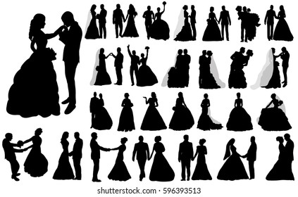 vector, isolated large set of silhouettes of wedding, the bride and groom