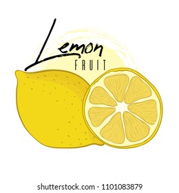 Vector isolated lemon with a cut with text on a white background. Hand drawn illustration.