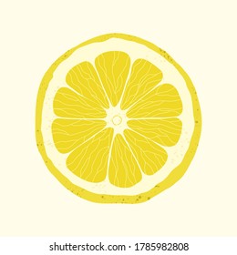 Vector isolated lemon slice on light yellow background. An exotic citrus fruit in a cut. Stock illustration. Logo, sticker, icon. Hand-drawn style, textured lemon.