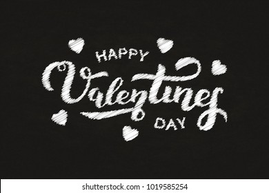 Vector isolated lettering for Valentine's Day with hearts with chalk design for decoration and covering on the blackboard background. Concept of Happy Valentine's Day.