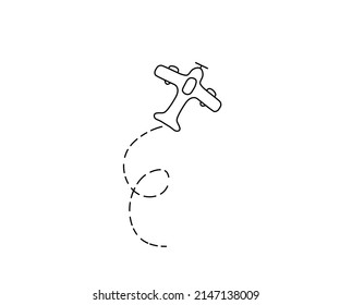 Vector isolated light engine aircraft plane with dotted line of the flight pass colorless black and white contour line drawing