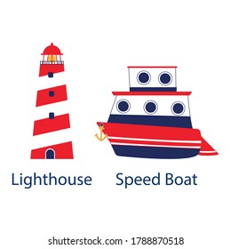 Vector isolated lighthouse in white and red color and a speed boat with portholes. Marine cartoon illustration. 
