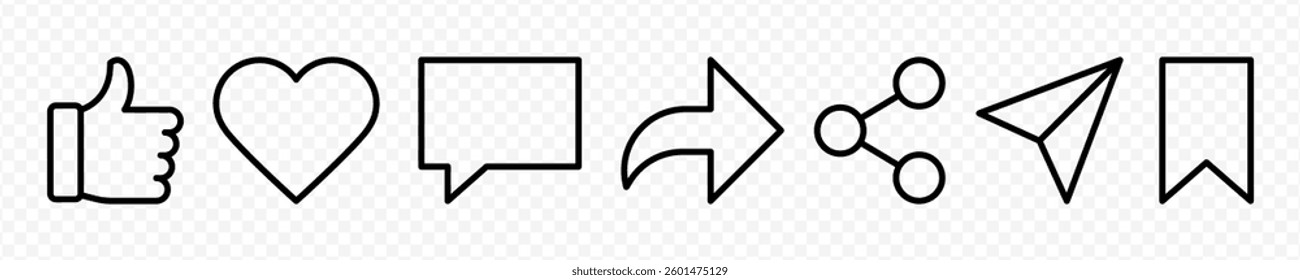 Vector isolated Like, Share, Comment and Save icon set in black outline