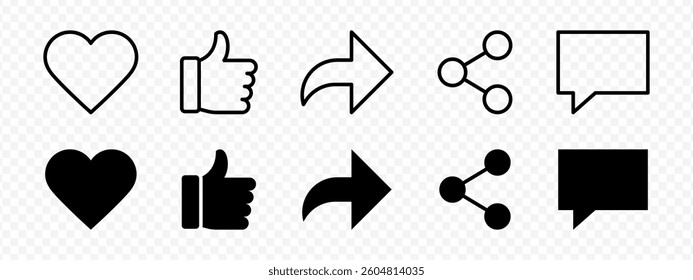 Vector isolated Like, Share and Comment icon set in black outline and fill