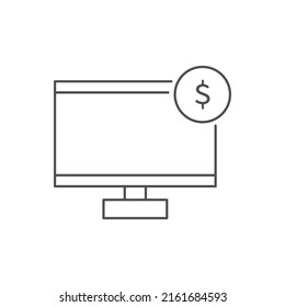 Vector isolated line icon, computer monitor and dollar sign.