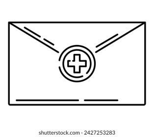 Vector isolated line icon. Envelope symbol with medical cross. Doctor report or document.
