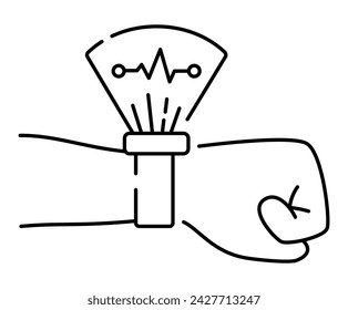 Vector isolated line icon. Human hand with a smart watch, fitness bracelet with a cardiogram symbol.