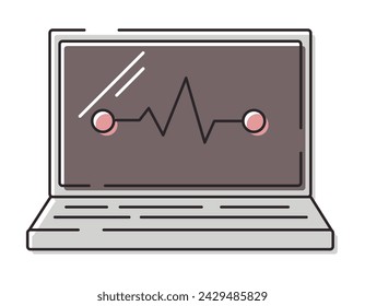Vector isolated line icon of laptop with cardiogram symbol. Online medicine and ambulance.