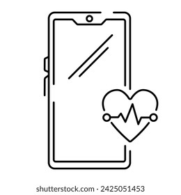 Icono de línea aislada vectorial, smartphone con icono de corazón y cardiograma. Símbolo de cardiología médica.