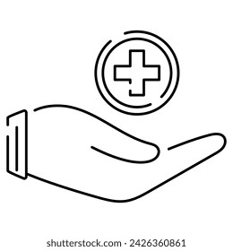 Vector isolated line icon. Symbol of a human hand holding a medical cross.